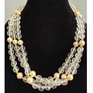 Clear Bead Faux Pearl 3 Strand Choker Necklace 15" Faceted Acrylic Gold Tone